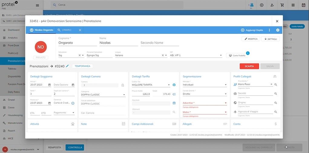 Creare una prenotazione da protel cloud screen 6