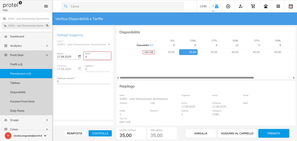 Inserimento prenotazione day-use
