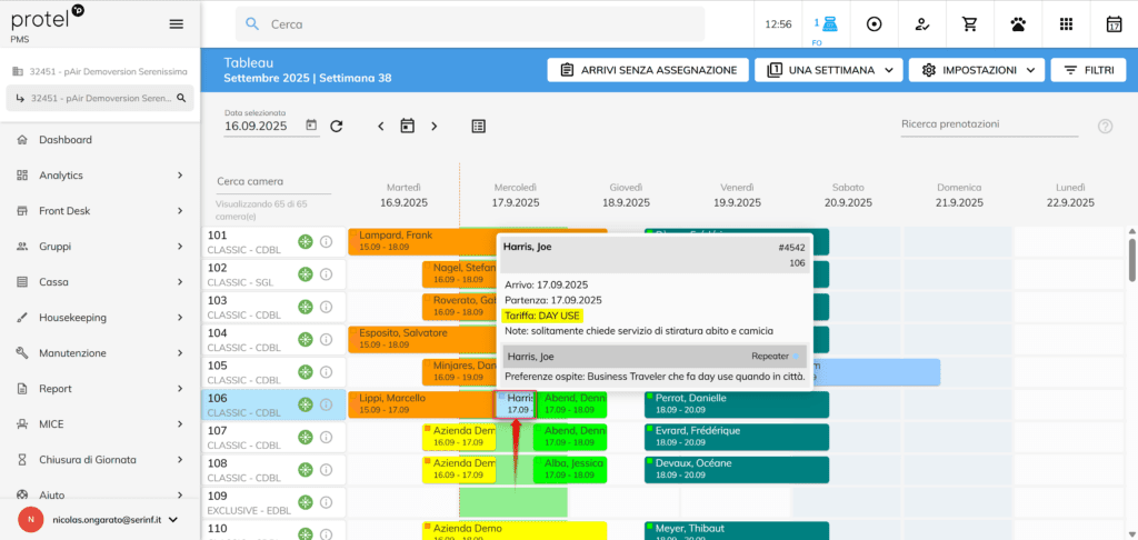 prenotazioni in day use Visione a livello del piano camere 