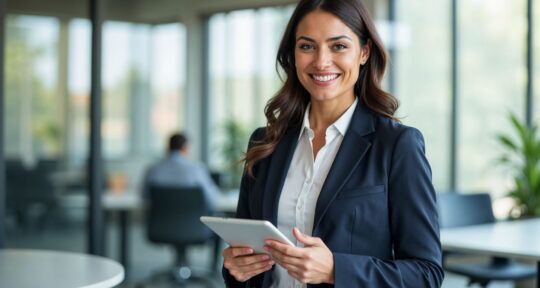 Cover front office back office. ragazza che sorride  a lavoro