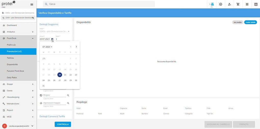Creare una prenotazione da protel cloud screen 1