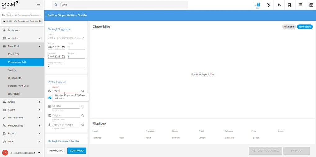 Creare una prenotazione da protel cloud screen 3