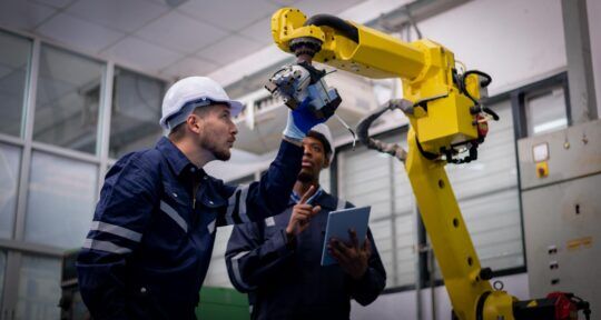 Due operai lavorano su un MES idoneo a iperammortamento 2026