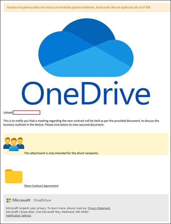 Attacco phishing su one drive