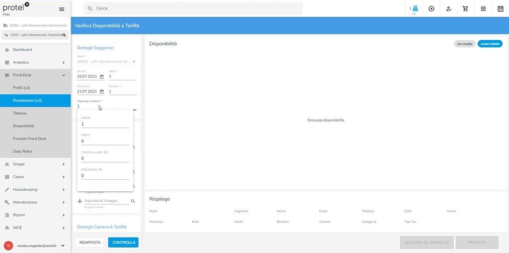 Creare una prenotazione da protel cloud screen 2