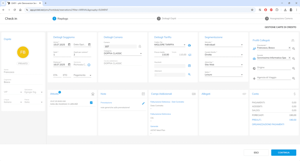 Maschera check-in protel Cloud