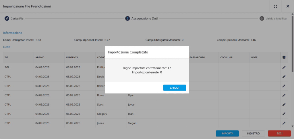 Rooming list protel importazione completata