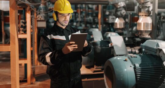cover blog distinta base operaio che verifica dati su tablet in reparto